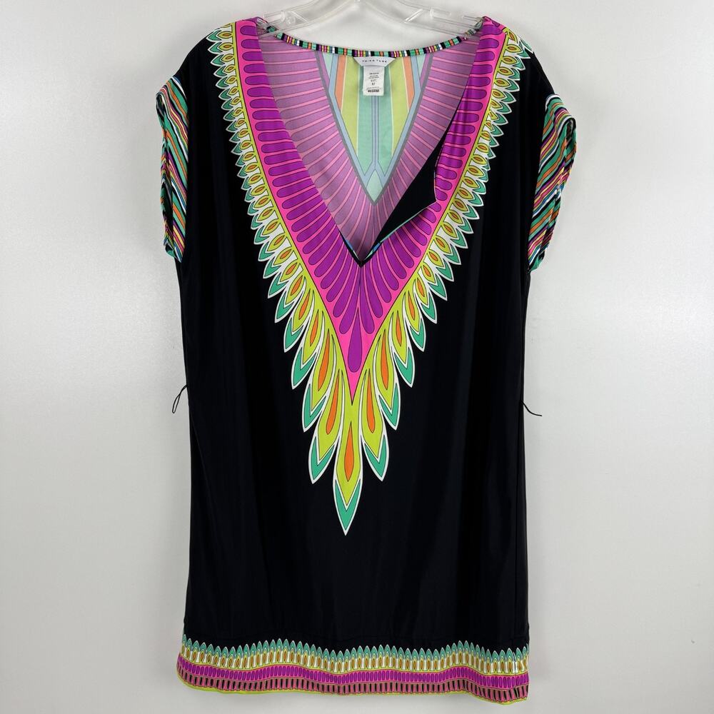 Trina Turk Women's Black Plumas Short Sleeve Relaxed Tunic Mini Cover Up Medium